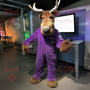 Purple Irish Elk mascot costume character dressed with a Jumpsuit and Cufflinks