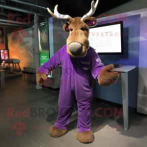 Purple Irish Elk mascot costume character dressed with a Jumpsuit and Cufflinks