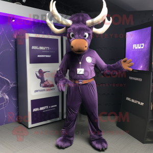 Purple Irish Elk mascot costume character dressed with a Jumpsuit and Cufflinks