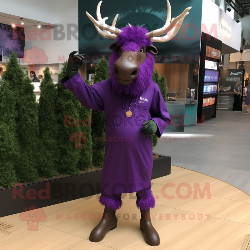 Purple Irish Elk mascot costume character dressed with a Jumpsuit and Cufflinks