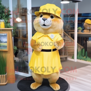 Lemon Yellow Beaver mascot costume character dressed with a Mini Dress and Berets