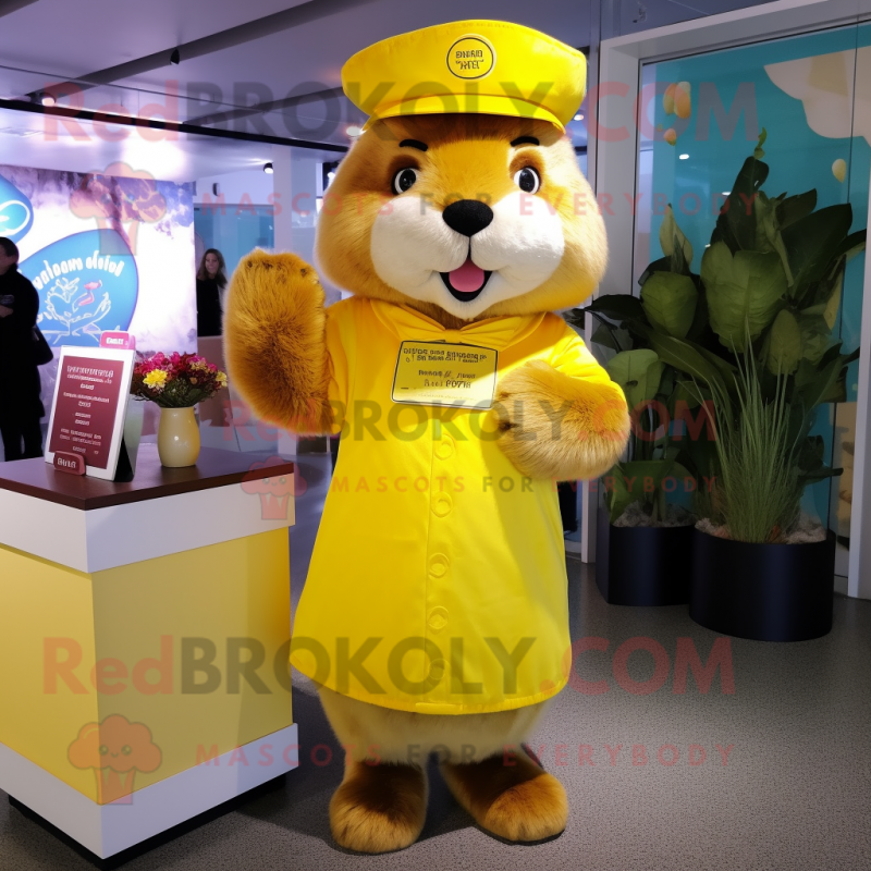 Lemon Yellow Beaver mascot costume character dressed with a Mini Dress and Berets