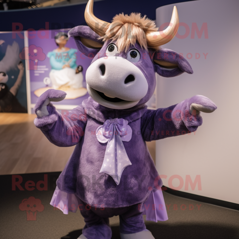Lavender Yak mascot costume character dressed with a Midi Dress and Bow ties Lavender Yak mascot costume character dressed with a Midi Dress and Bow ties