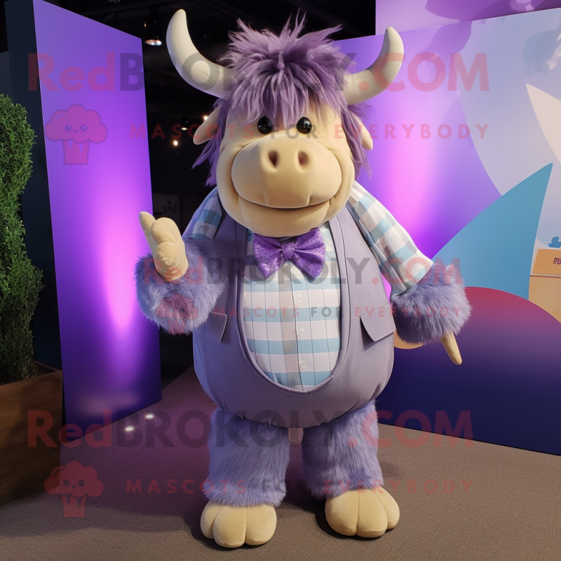Lavender Yak mascot costume character dressed with a Midi Dress and Bow ties Lavender Yak mascot costume character dressed with a Midi Dress and Bow ties