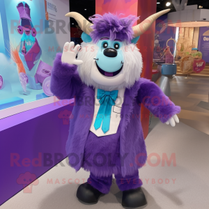 Lavender Yak mascot costume character dressed with a Midi Dress and Bow ties
