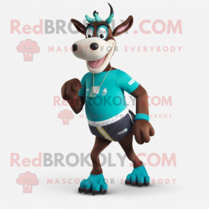 Teal Okapi mascot costume character dressed with a Running Shorts and Wallets