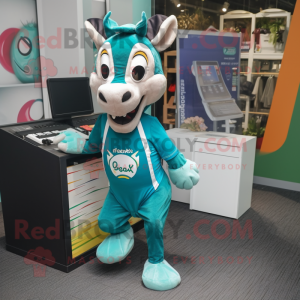 Teal Okapi mascot costume character dressed with a Running Shorts and Wallets
