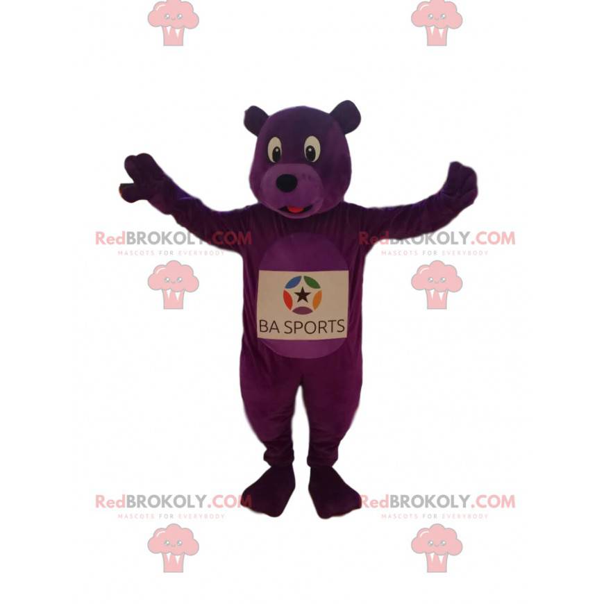 Enthousiaste paarse beer mascotte. Paars berenkostuum -
