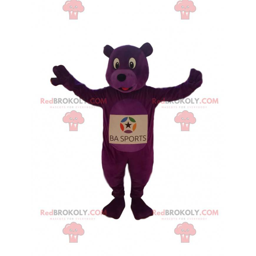 Mascote do urso roxo entusiasmado. Fantasia de urso roxo -