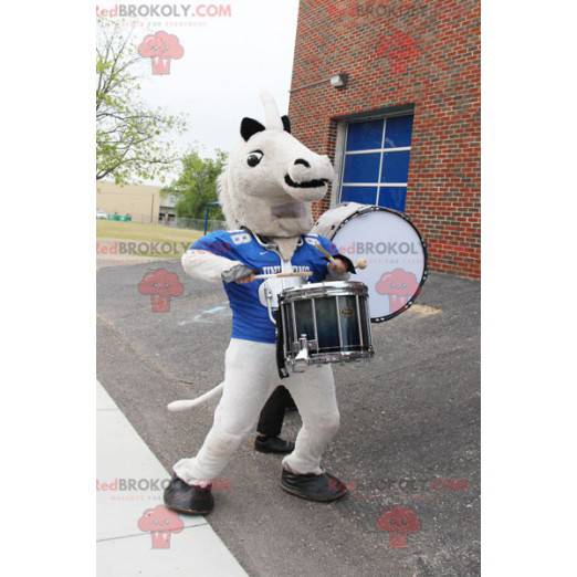 Cream white horse mascot with a blue sports jersey -
