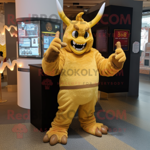 Gold Demon mascot costume character dressed with a Cardigan and Gloves