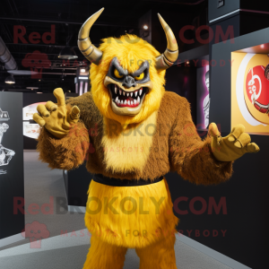 Gold Demon mascot costume character dressed with a Cardigan and Gloves