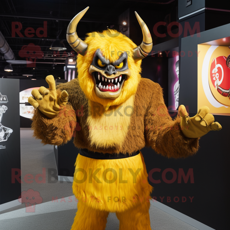 Gold Demon mascot costume character dressed with a Cardigan and Gloves Gold Demon mascot costume character dressed with a Cardigan and Gloves