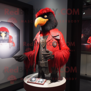 Red Crow mascot costume character dressed with a Leather Jacket and Brooches