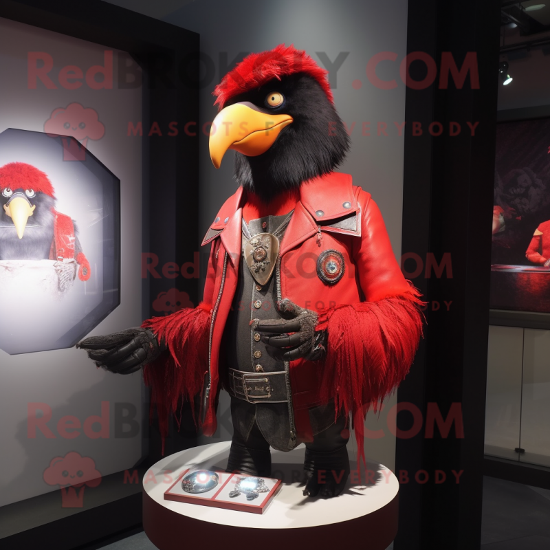 Red Crow mascot costume character dressed with a Leather Jacket and Brooches Red Crow mascot costume character dressed with a Leather Jacket and Brooches