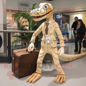 Beige Coelophysis mascot costume character dressed with a Trousers and Briefcases