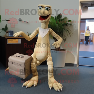 Beige Coelophysis mascot costume character dressed with a Trousers and Briefcases