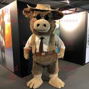 Beige Buffalo mascot costume character dressed with a Jumpsuit and Ties