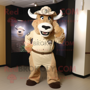 Beige Buffalo mascot costume character dressed with a Jumpsuit and Ties