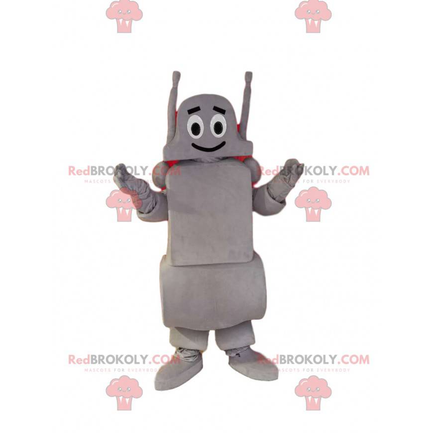 Mascotte robot grigio sorridente. Costume da robot -
