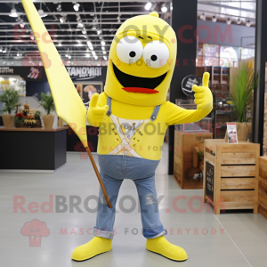 Lemon Yellow Knife Thrower mascot costume character dressed with a Boyfriend Jeans and Scarves