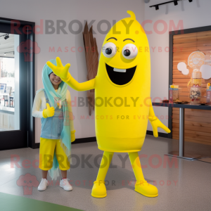 Lemon Yellow Knife Thrower mascot costume character dressed with a Boyfriend Jeans and Scarves