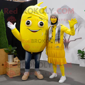 Lemon Yellow Knife Thrower mascot costume character dressed with a Boyfriend Jeans and Scarves