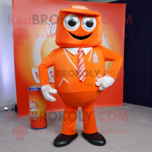 Orange Soda Can mascot costume character dressed with a V-Neck Tee and Pocket squares