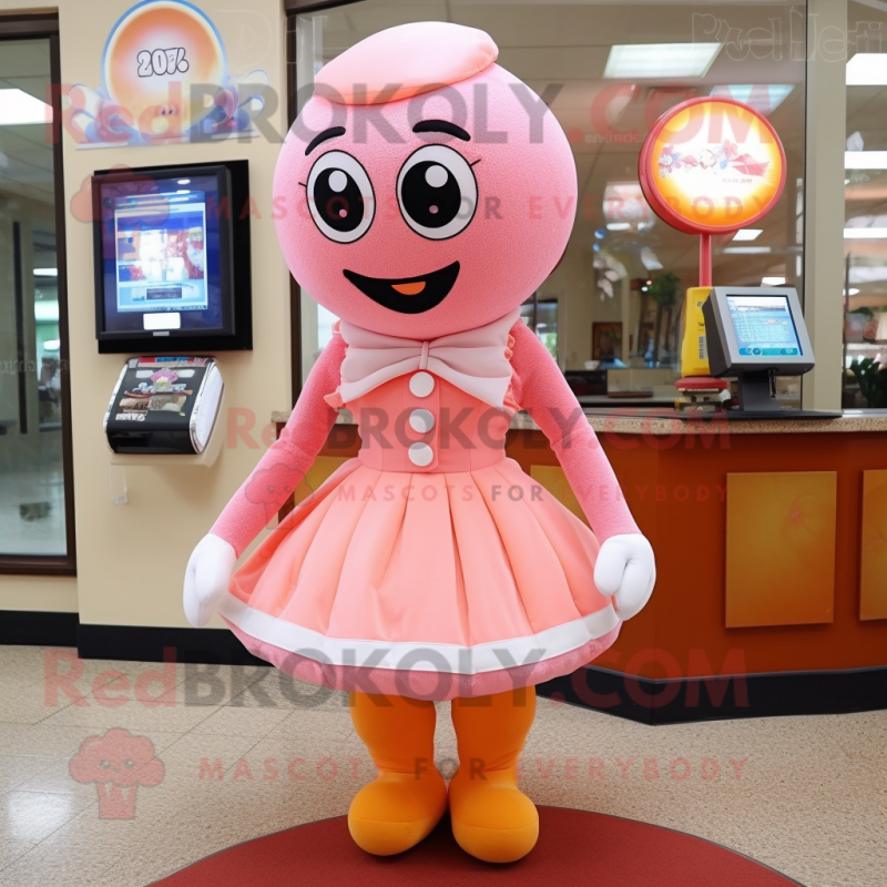 Peach Gumball Machine mascot costume character dressed with a Culottes and Scarf clips