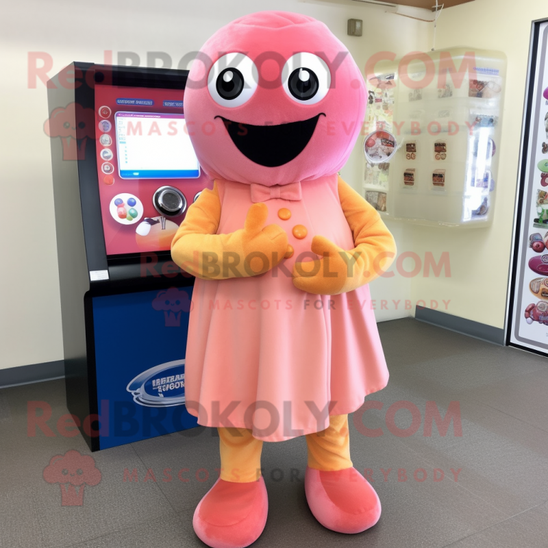 Peach Gumball Machine mascot costume character dressed with a Culottes and Scarf clips Peach Gumball Machine mascot costume character dressed with a Culottes and Scarf clips