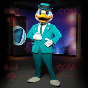 Teal Swan mascot costume character dressed with a Suit Jacket and Headbands