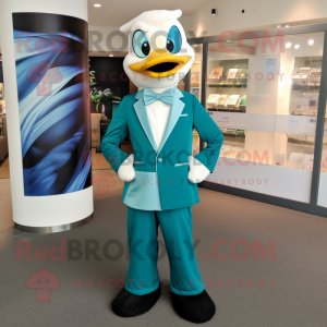 Teal Swan mascot costume character dressed with a Suit Jacket and Headbands