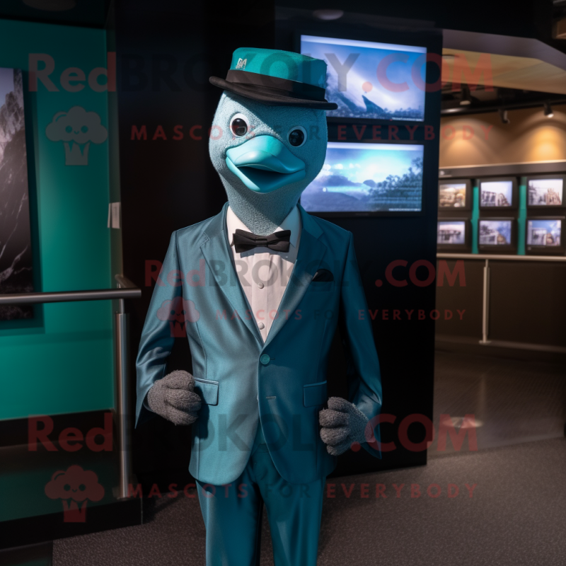 Teal Swan mascot costume character dressed with a Suit Jacket and Headbands