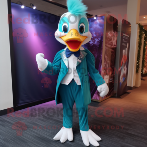 Teal Swan mascot costume character dressed with a Suit Jacket and Headbands