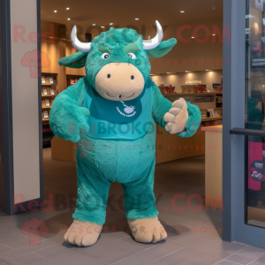 Teal Bull mascot costume character dressed with a Chinos and Mittens