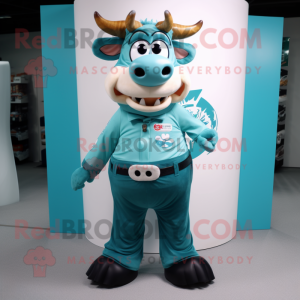 Teal Bull mascot costume character dressed with a Chinos and Mittens