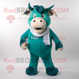 Teal Bull mascot costume character dressed with a Chinos and Mittens