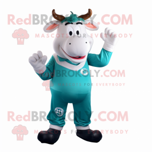 Teal Bull mascot costume character dressed with a Chinos and Mittens