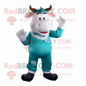 Teal Bull mascot costume character dressed with a Chinos and Mittens