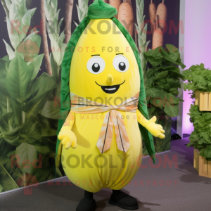 Lemon Yellow Turnip mascot costume character dressed with a Suit and Scarves