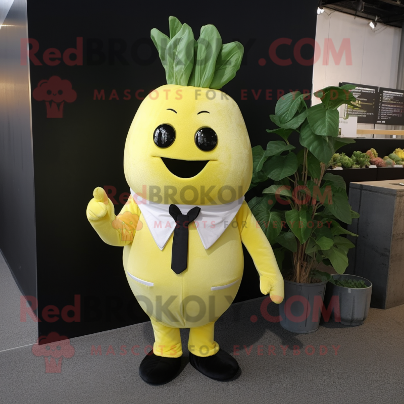 Lemon Yellow Turnip mascot costume character dressed with a Suit and Scarves Lemon Yellow Turnip mascot costume character dressed with a Suit and Scarves