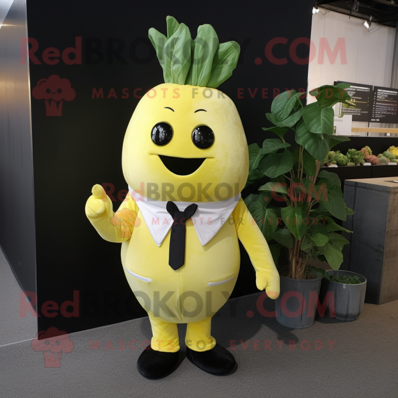 Lemon Yellow Turnip mascot costume character dressed with a Suit and Scarves