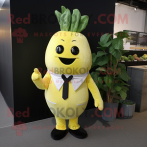 Lemon Yellow Turnip mascot costume character dressed with a Suit and Scarves