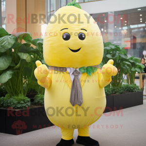 Lemon Yellow Turnip mascot costume character dressed with a Suit and Scarves