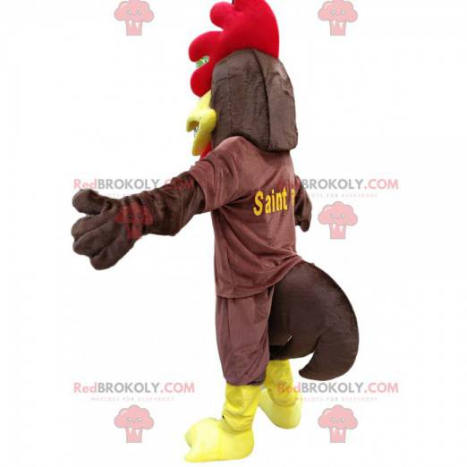 Mascotte de poulet marrron, avec une belle crête rouge. Costume