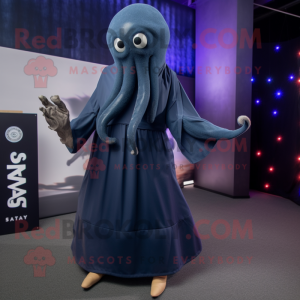 Navy Kraken mascot costume character dressed with a Shift Dress and Shawl pins