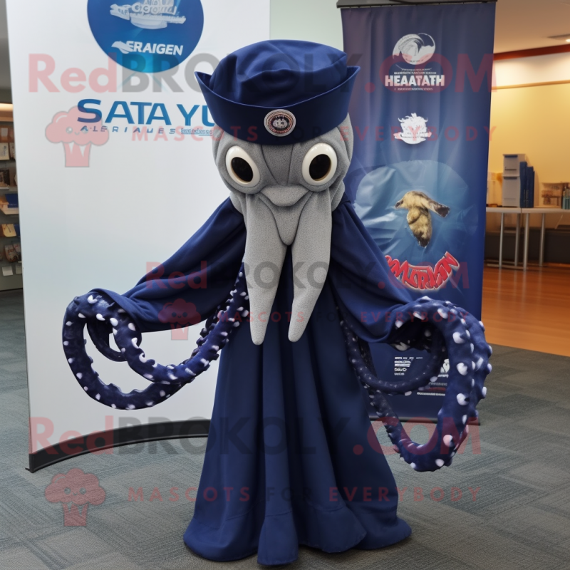 Navy Kraken mascot costume character dressed with a Shift Dress and Shawl pins