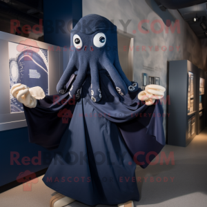 Navy Kraken mascot costume character dressed with a Shift Dress and Shawl pins