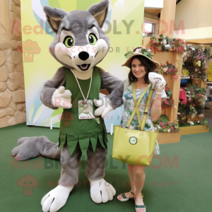 Olive Say Wolf mascot costume character dressed with a Romper and Tote bags