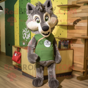 Olive Say Wolf mascot costume character dressed with a Romper and Tote bags